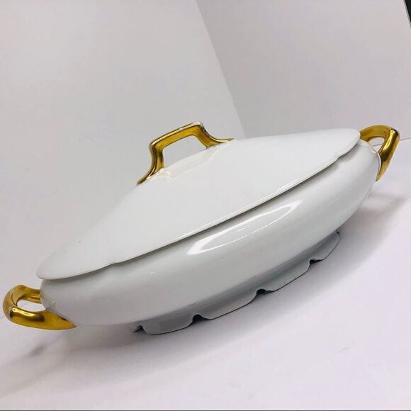 Vintage PSL Imperial Austria Porcelain Soup Tureen With Lid – Gold Trim, Oval Se - Picture 5 of 10